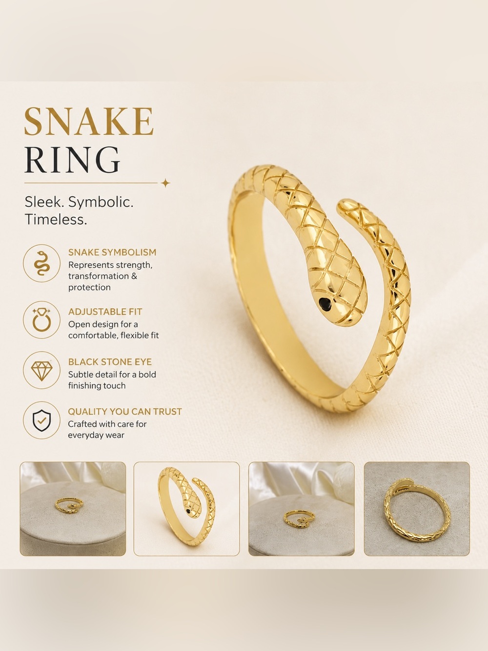 Gold Sterling Silver Plated Serpent Adjustable Ring